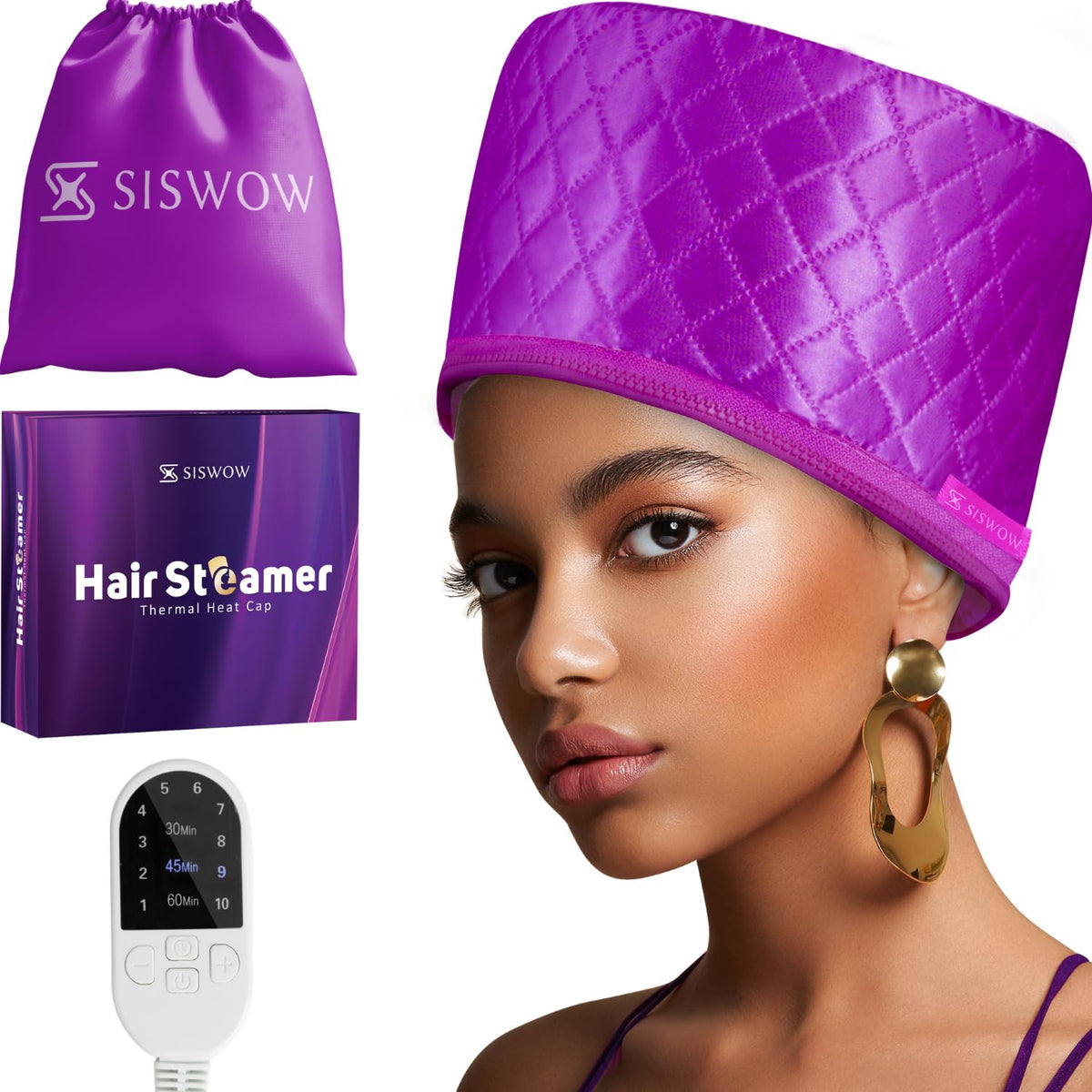 SISWOW purple steamer cap front view showing shape and fit, comfortable salon-style benefit