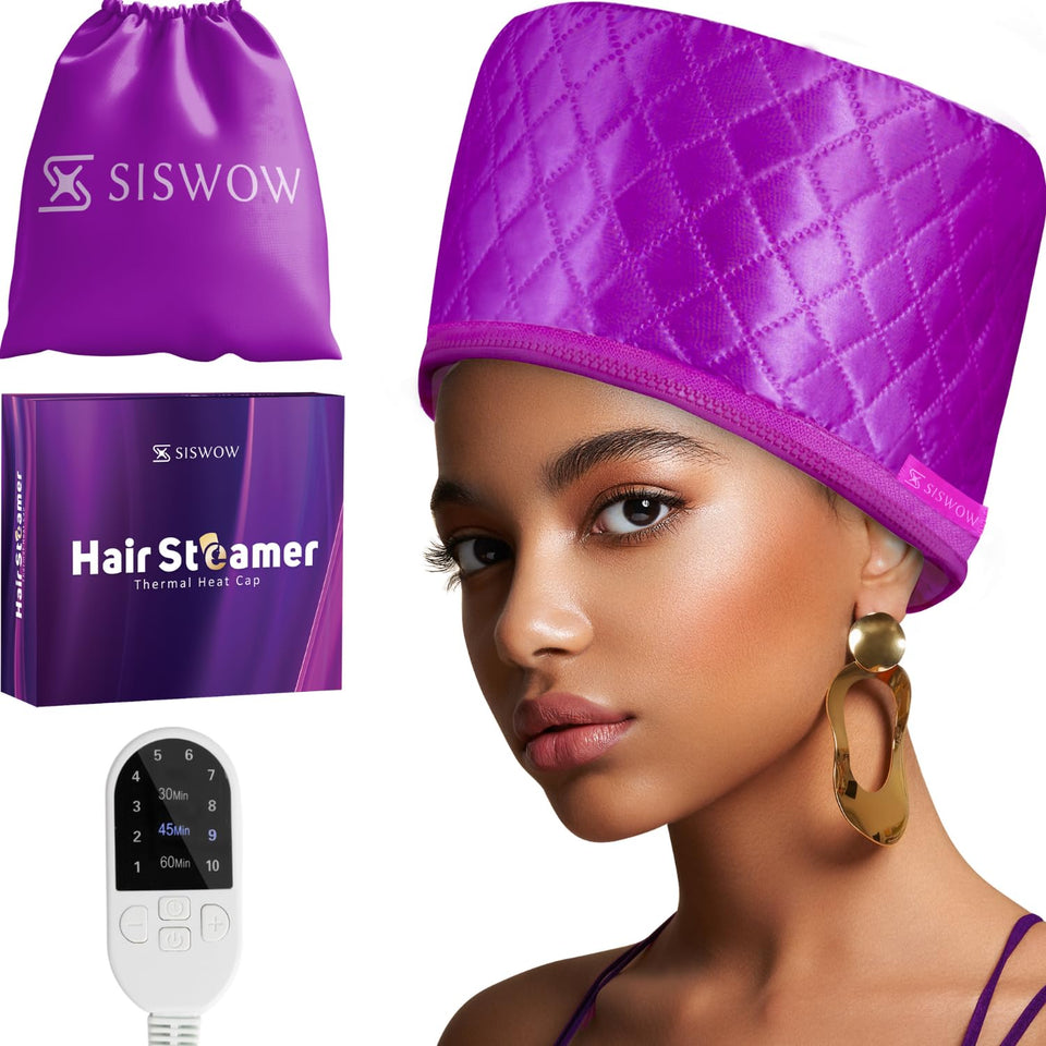 SISWOW purple steamer cap front view showing shape and fit, comfortable salon-style benefit