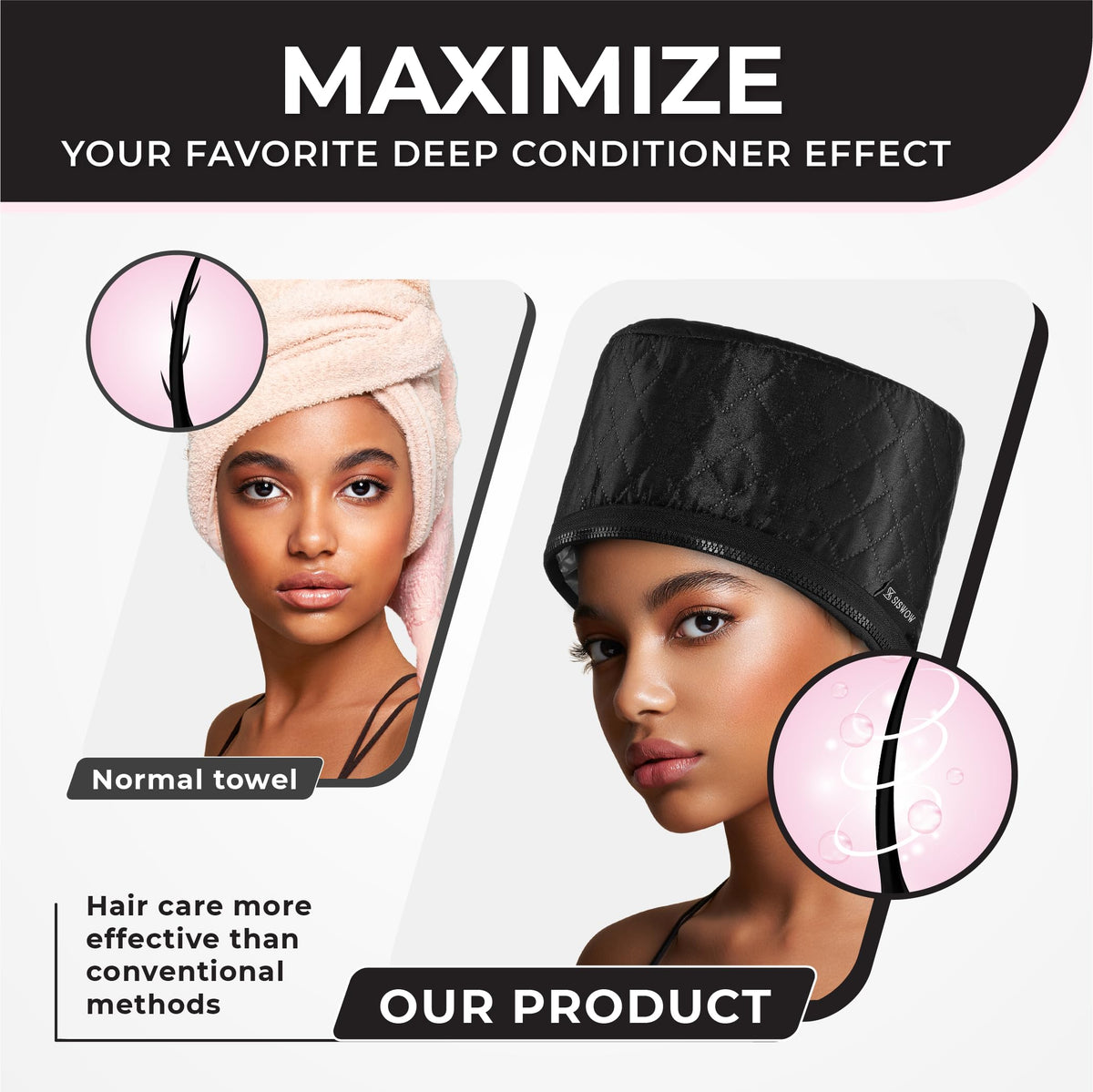 SISWOW cap in use during deep conditioning to boost product penetration
