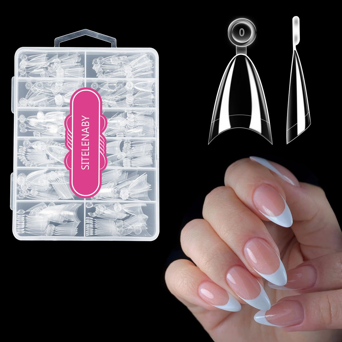 SITELENABY front packaging showing 300-piece almond tips and quantity benefit