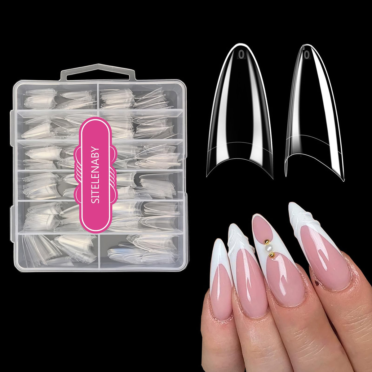 SITELENABY front packaging showing 300 almond nail tips and size labels for convenience