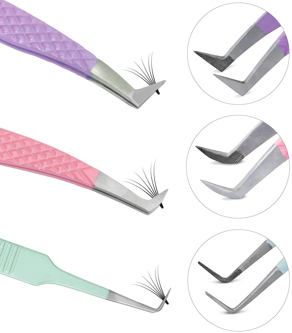 SIVOTE three tweezers front view showing pastel finish and ergonomic design for comfort