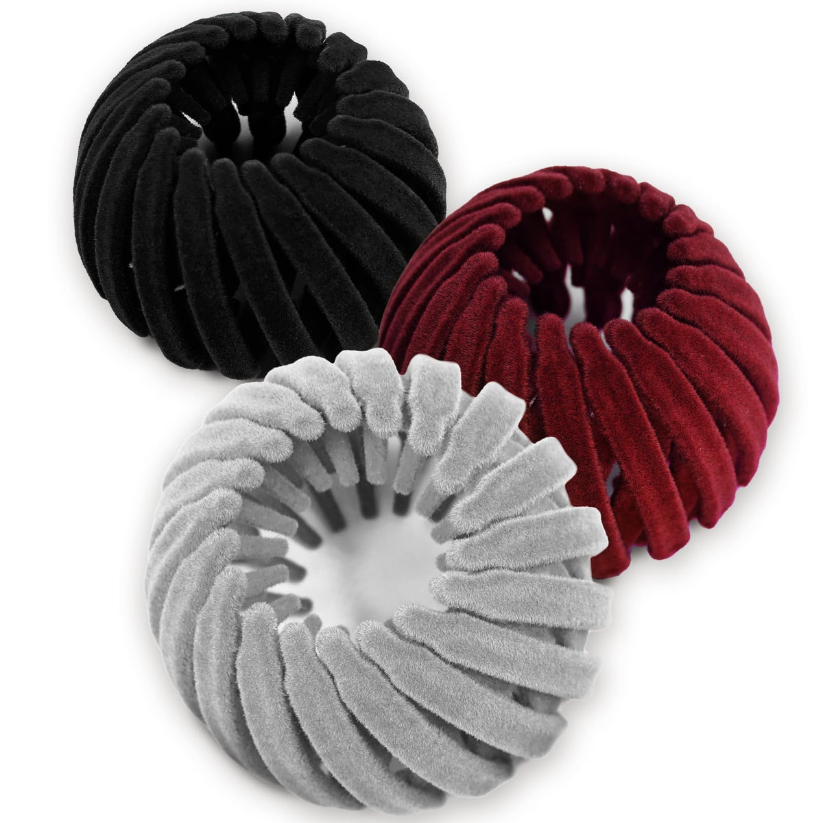 Sizobi front view of three velvet bird nest hair clips showing colors and packaging benefit