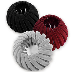 Sizobi front view of three velvet bird nest hair clips showing colors and packaging benefit