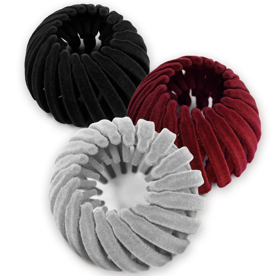 Sizobi front view of three velvet bird nest hair clips showing colors and packaging benefit