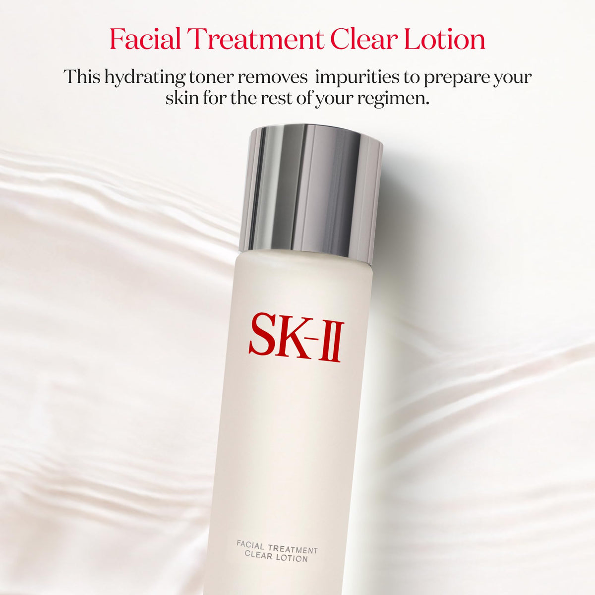 SK-II clear lotion pouring texture closeup reveals lightweight hydrating finish