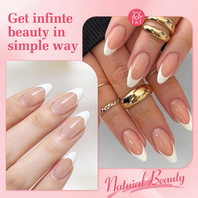 Skiennix close-up of medium pointed almond nail shape, flattering finger appearance