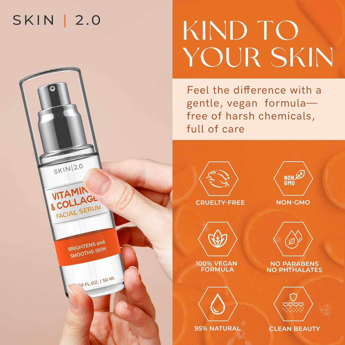 Skin 2.0 close-up label highlighting key ingredients and clean formulation
