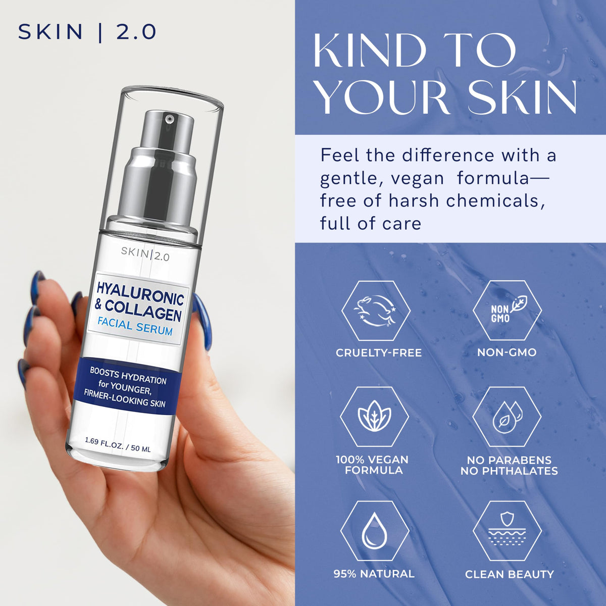 Skin 2.0 closeup of ingredient label highlighting hyaluronic acid and collagen