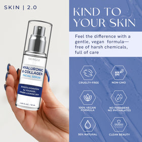 Skin 2.0 closeup of ingredient label highlighting hyaluronic acid and collagen