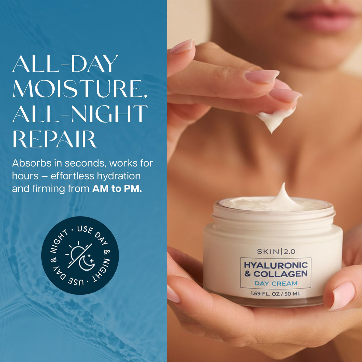 Skin 2.0 day cream in hand demonstrating quick absorption and matte finish
