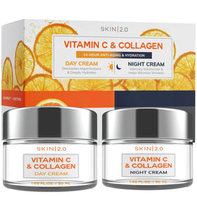 Skin 2.0 duo front packaging showing both day and night creams, promoting balanced hydration