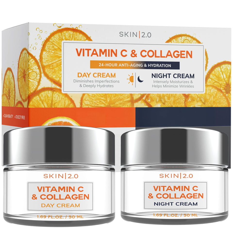 Skin 2.0 duo front packaging showing both day and night creams, promoting balanced hydration