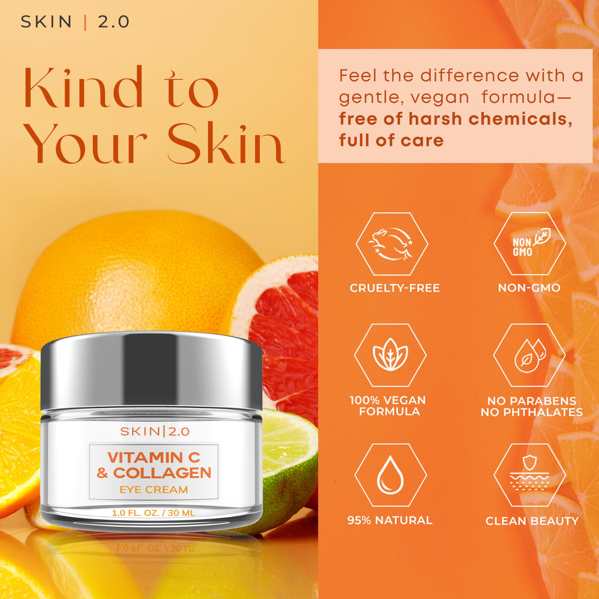 Skin 2.0 ingredients display with Vitamin C and plant collagen highlighting brightening benefits