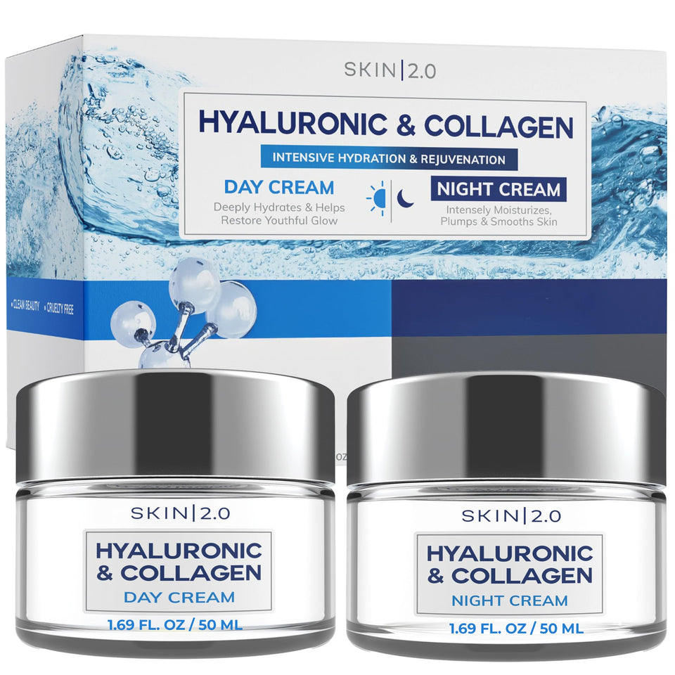 Skin 2.0 front packaging duo showing day and night creams for daily hydration