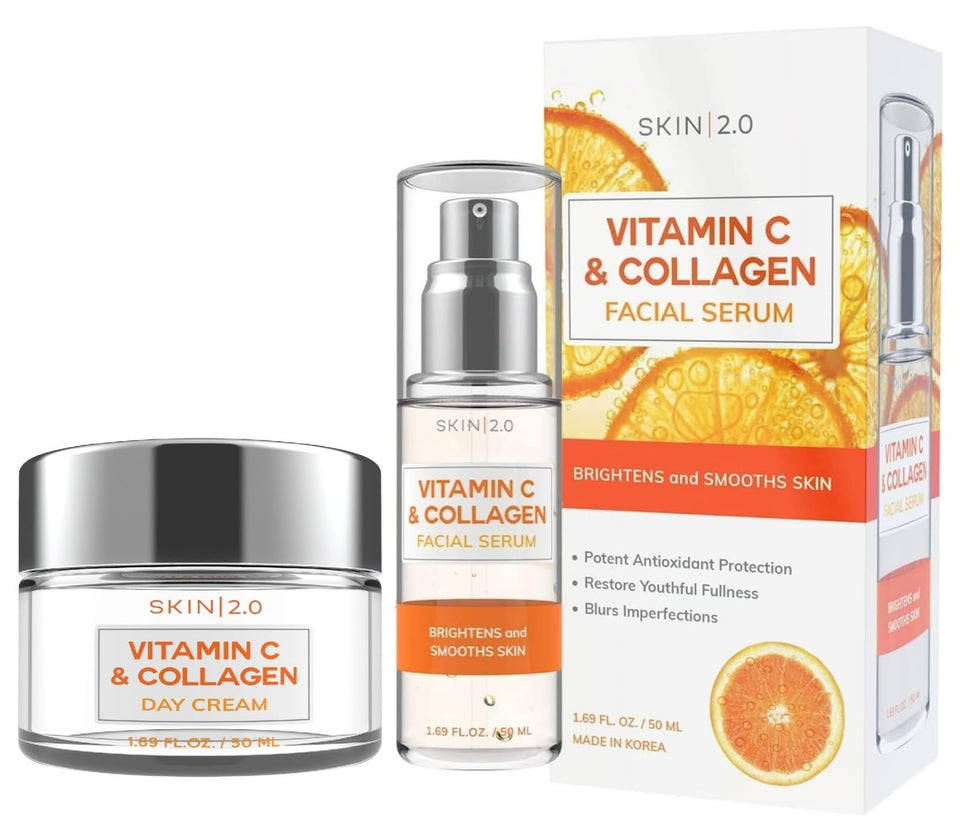 Skin 2.0 front packaging showing serum and cream for brightening