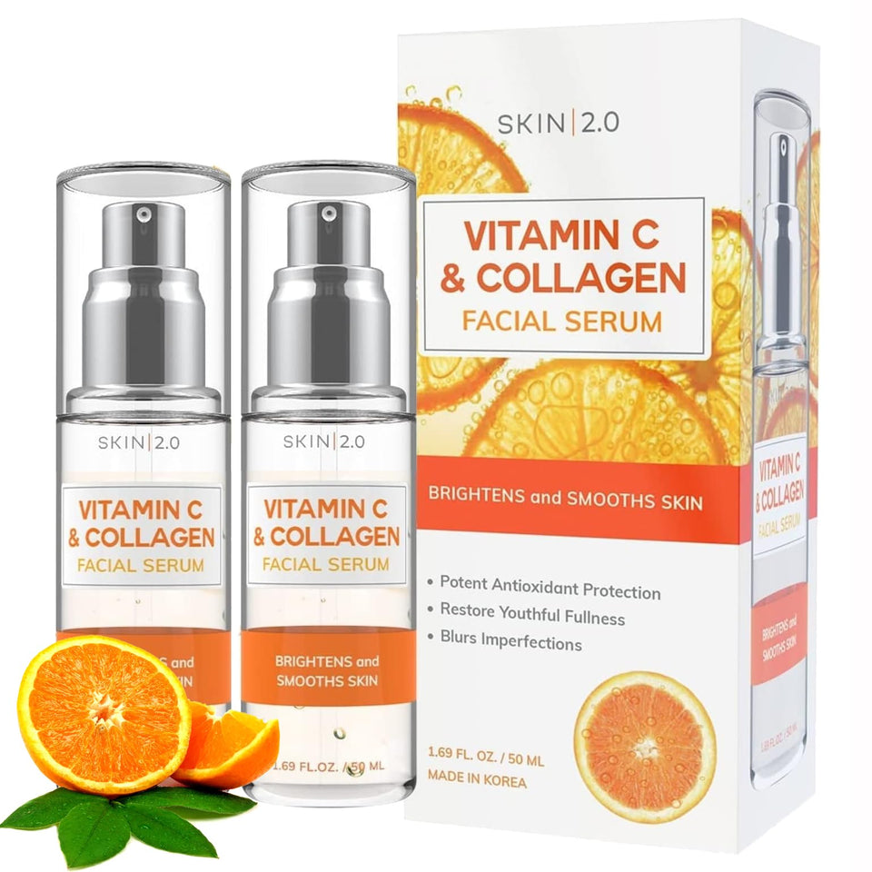 Skin 2.0 front packaging showing two serum bottles and benefits
