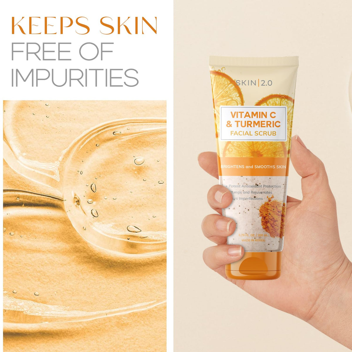 Skin 2.0 turmeric root and vitamin C slices with ingredients shown for natural benefits