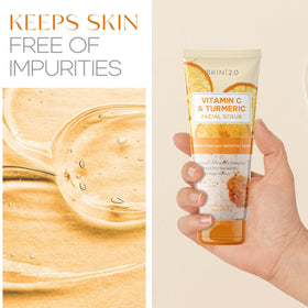 Skin 2.0 turmeric root and vitamin C slices with ingredients shown for natural benefits