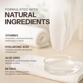 Skin 2.0 label close-up highlighting retinol, vitamin E, and dermatologist-tested badge