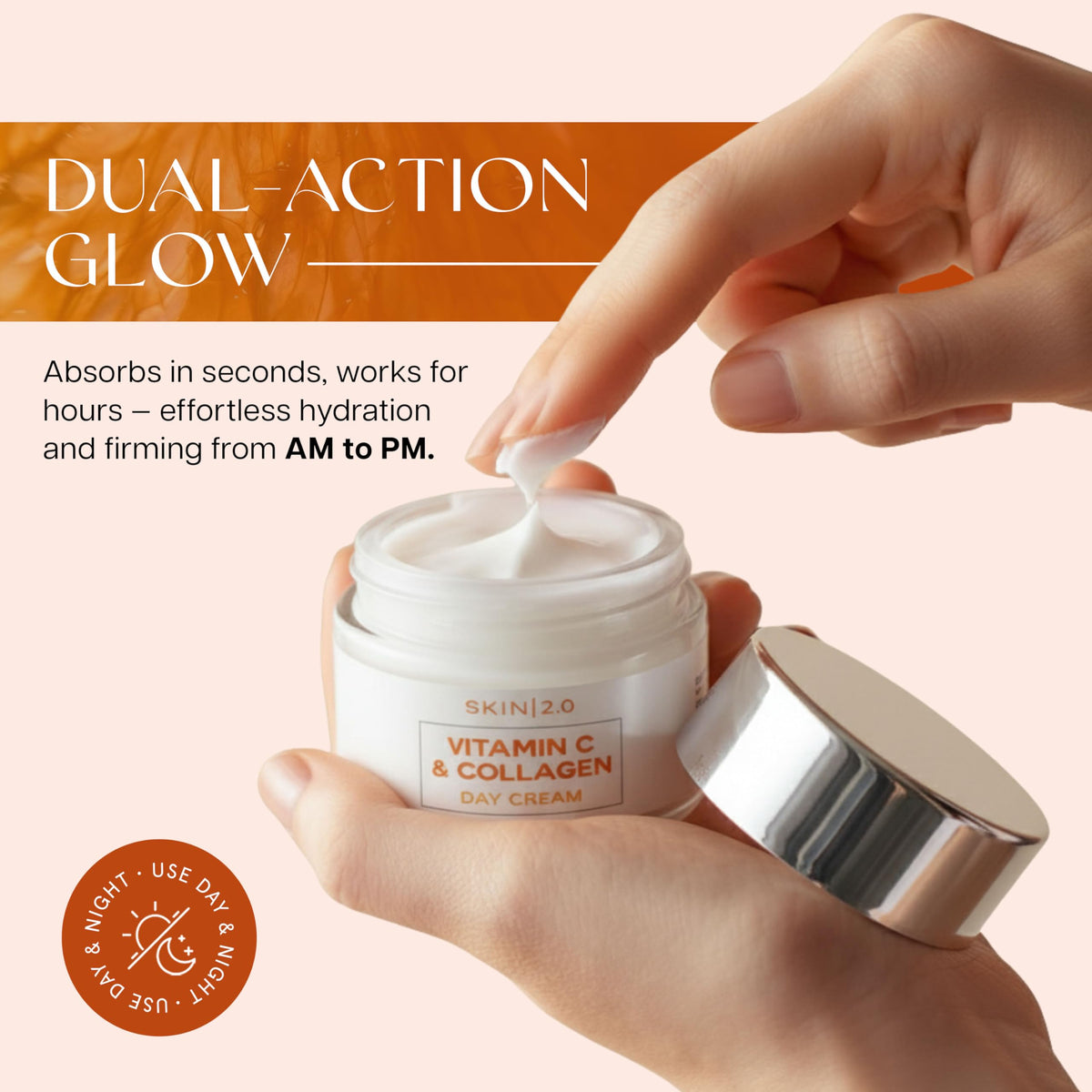 Skin 2.0 night cream jar top view displaying rich yet non-greasy formula for overnight repair