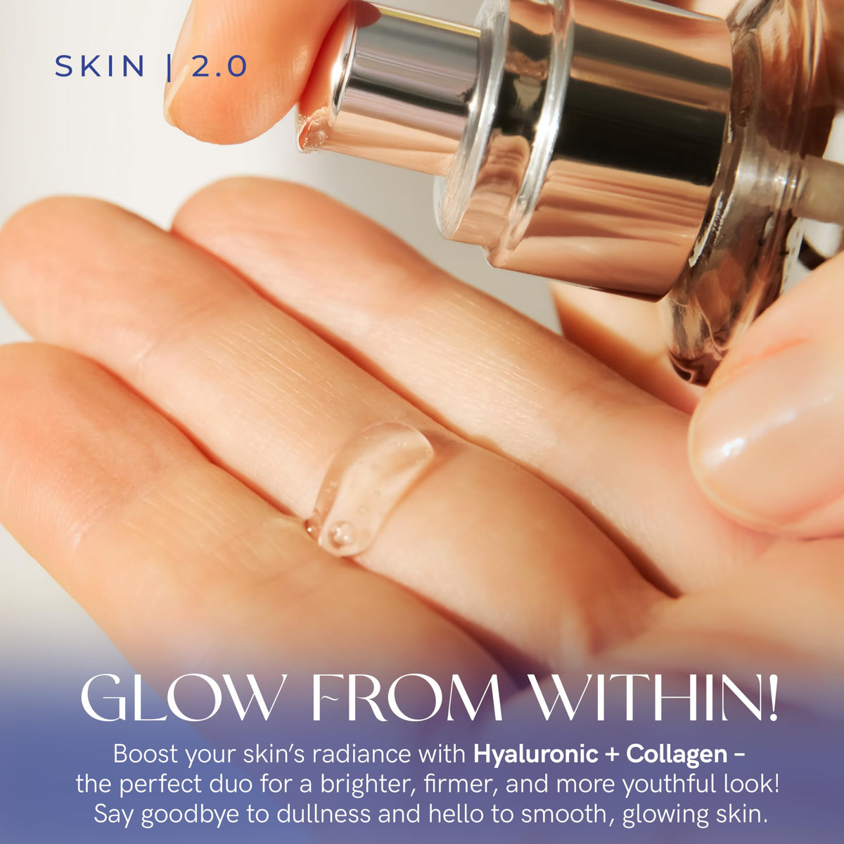 Skin 2.0 serum pumped onto fingertip showing absorbent, non-greasy finish