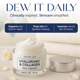 Skin 2.0 ingredient label close-up highlighting hyaluronic acid and collagen benefits