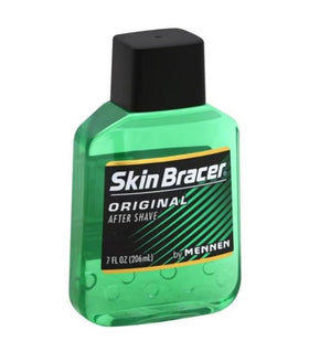 Skin Bracer bottle on bathroom shelf in morning routine, brand enhances grooming refresh