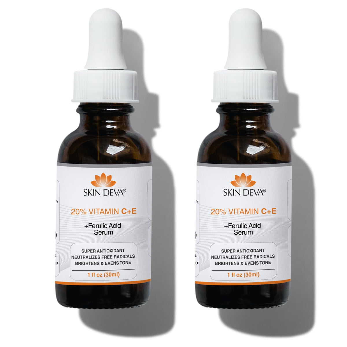 SKIN DEVA front packaging showing bottle and label, highlights brightening formula