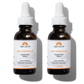 SKIN DEVA front packaging showing bottle and label, highlights brightening formula