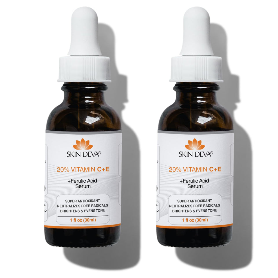 SKIN DEVA front packaging showing bottle and label, highlights brightening formula