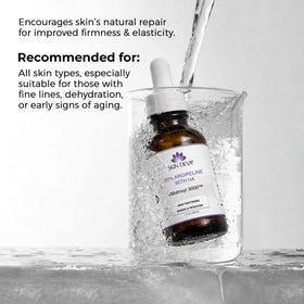 SKIN DEVA bottle next to a hand for scale benefit true size perception