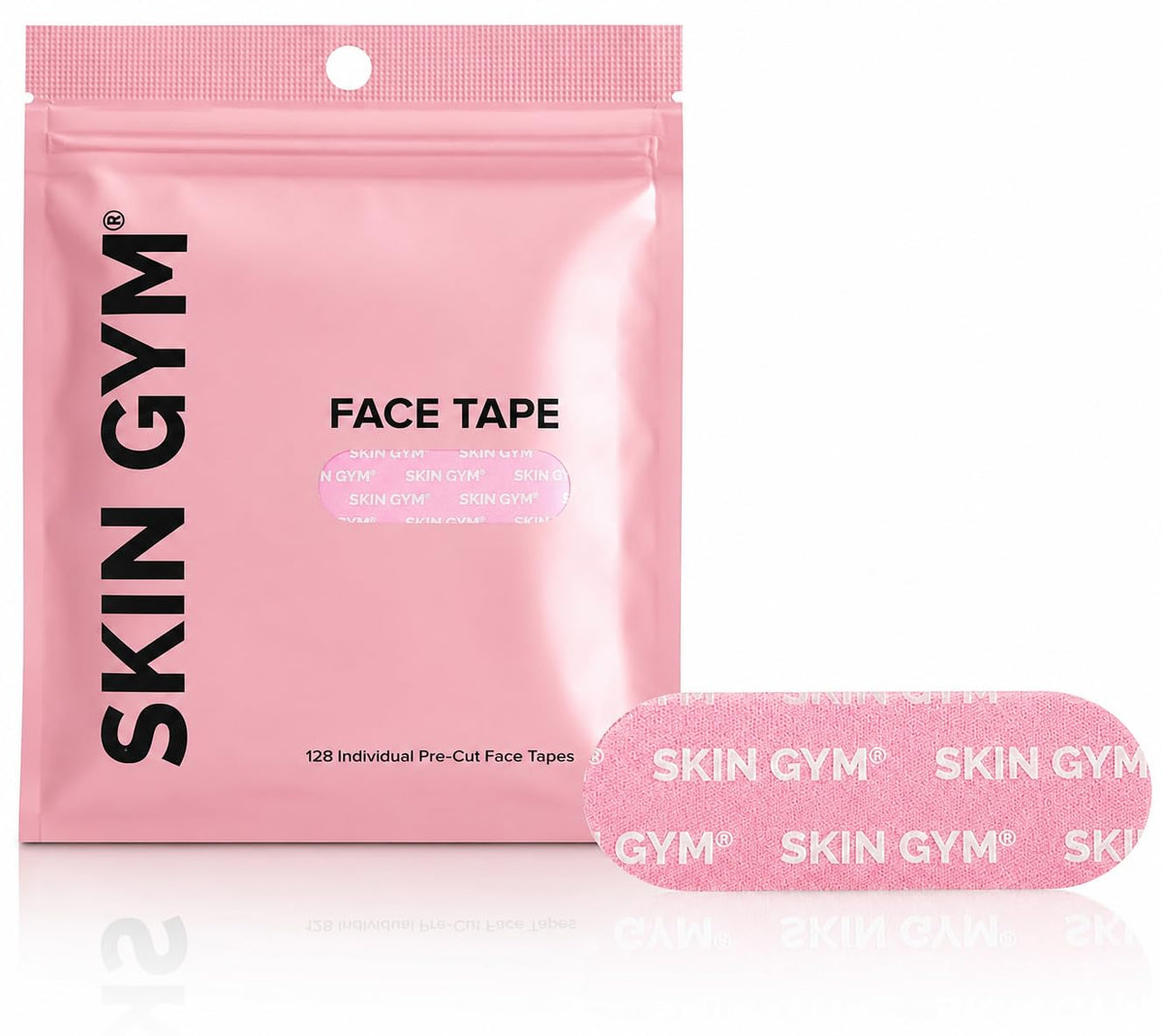SKIN GYM front packaging showing 128 pre-cut wrinkle strips and benefits