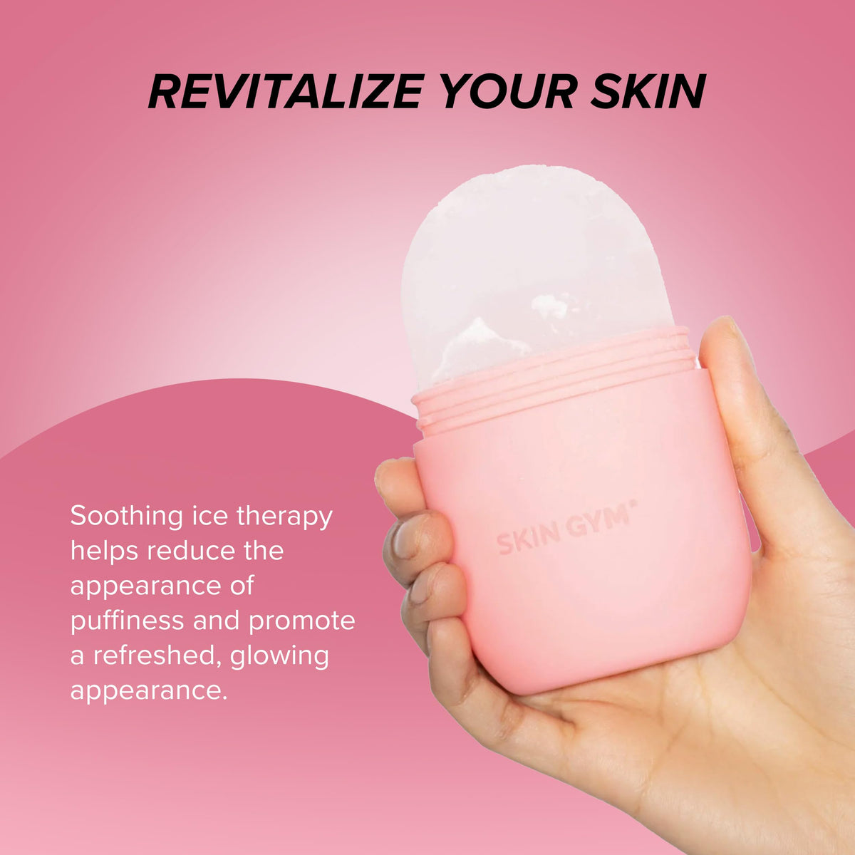SKIN GYM ice roller in use on face to reduce puffiness and refresh skin