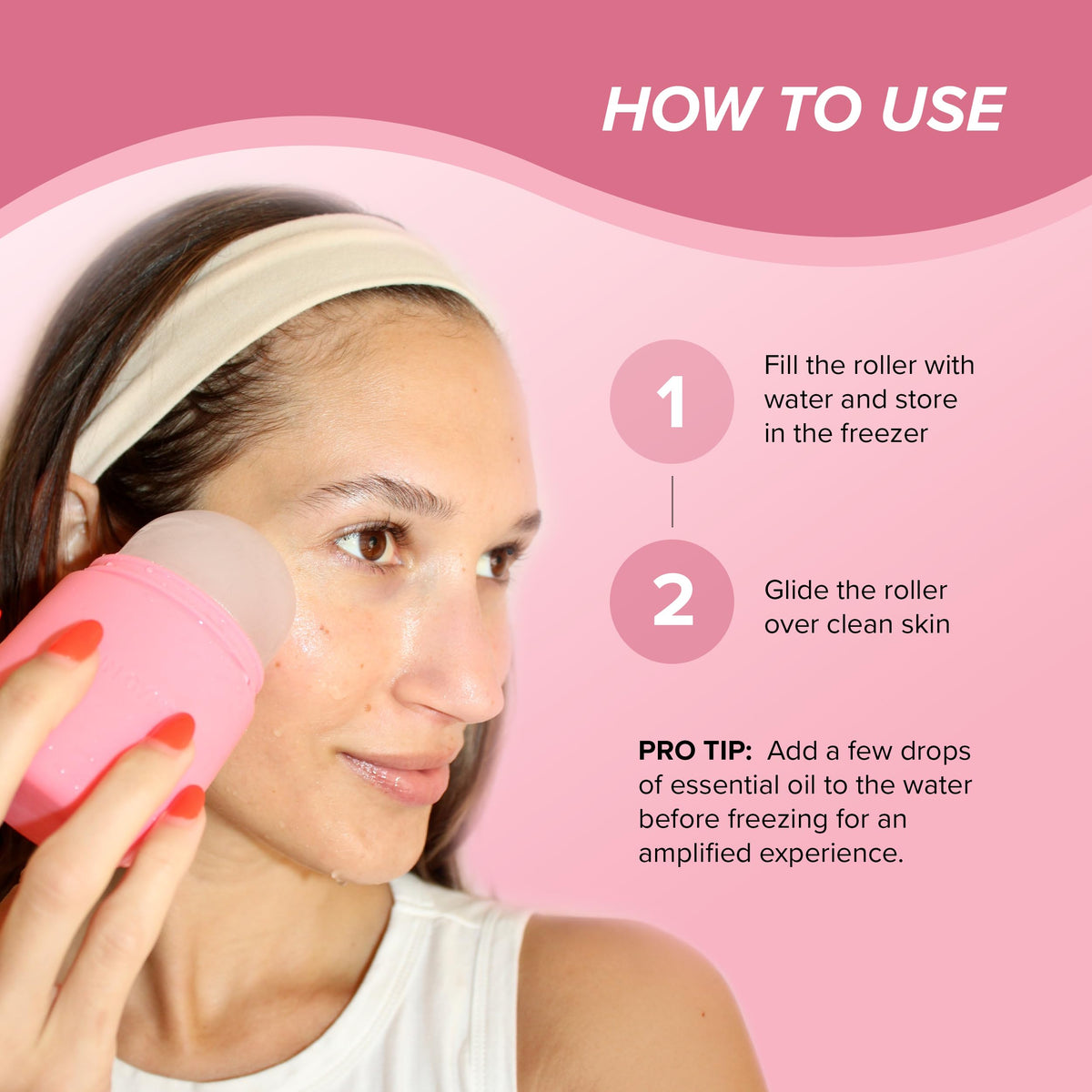 SKIN GYM ice roller held in hand to show compact size and travel-ready benefit