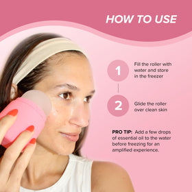 SKIN GYM ice roller held in hand to show compact size and travel-ready benefit
