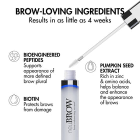 Skin Research Laboratories neuBROW tube next to a coin for scale showing the portable 3.6 mL size and travel-friendly benefit