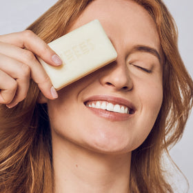 Skin Said Yes soap on bathroom shelf creating a calm natural skincare mood