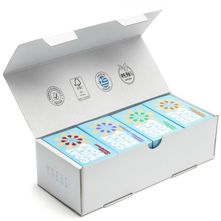 Skin Said Yes front packaging showing eight soap bars and benefit of natural formulation
