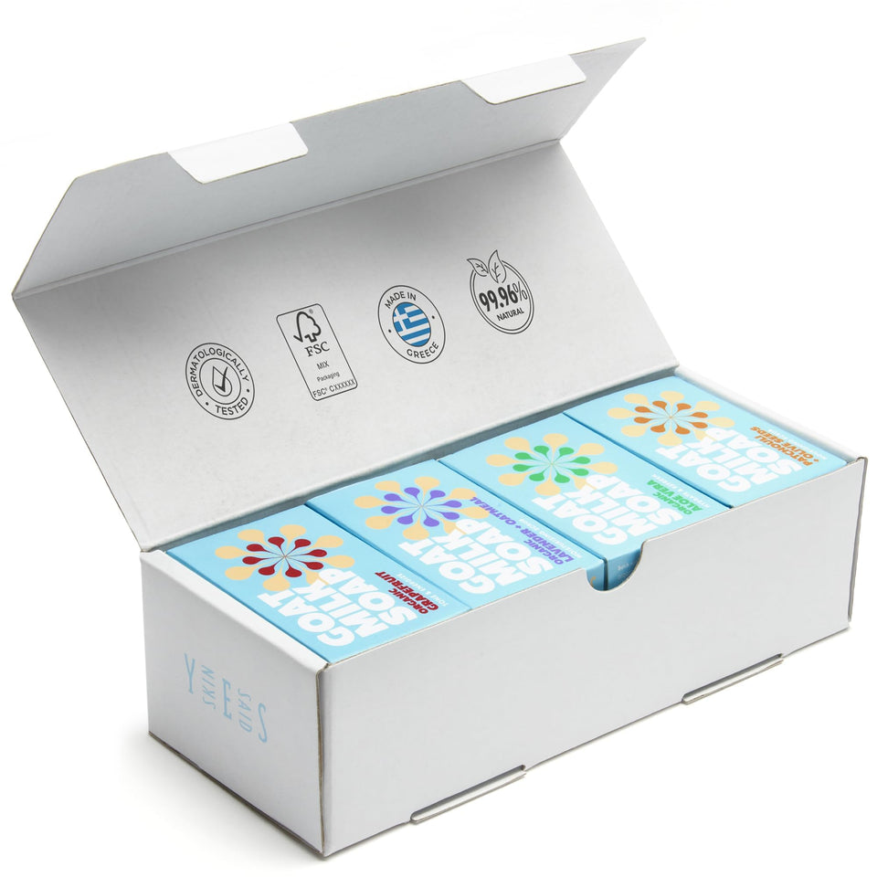 Skin Said Yes front packaging showing eight soap bars and benefit of natural formulation