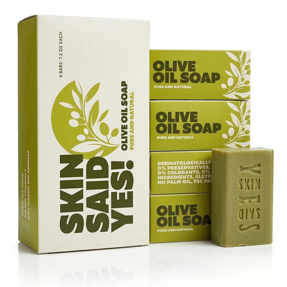 Skin Said Yes front packaging showing four large olive oil soap bars and value