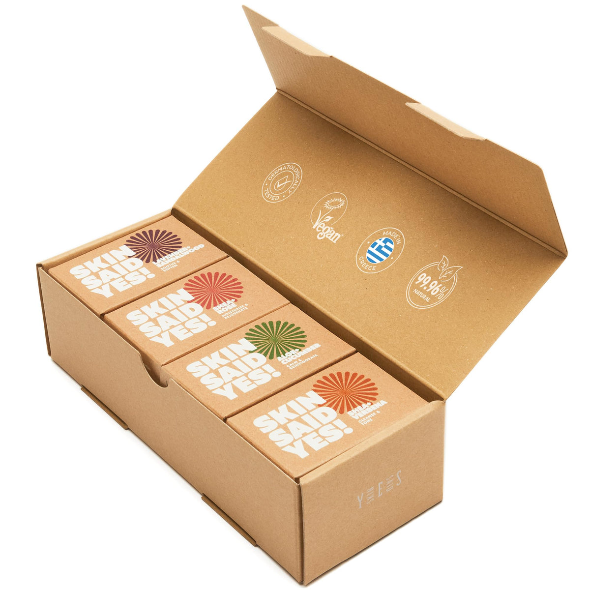 Skin Said Yes front packaging showing eight organic soap bars and eco-friendly design