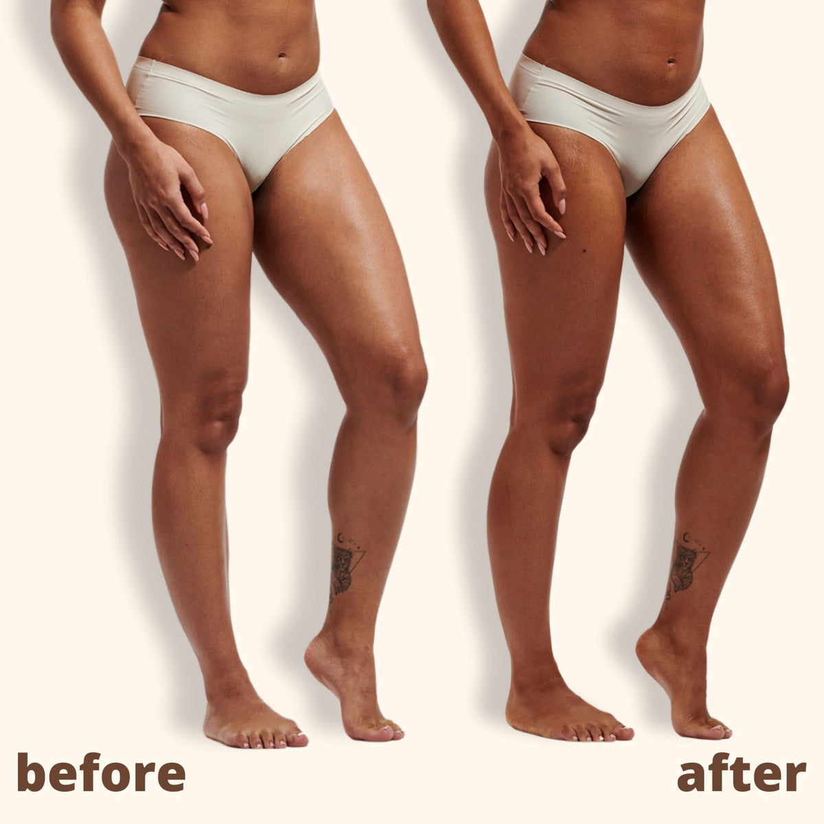SKIN & TAN before and after legs showing natural streak-free glow