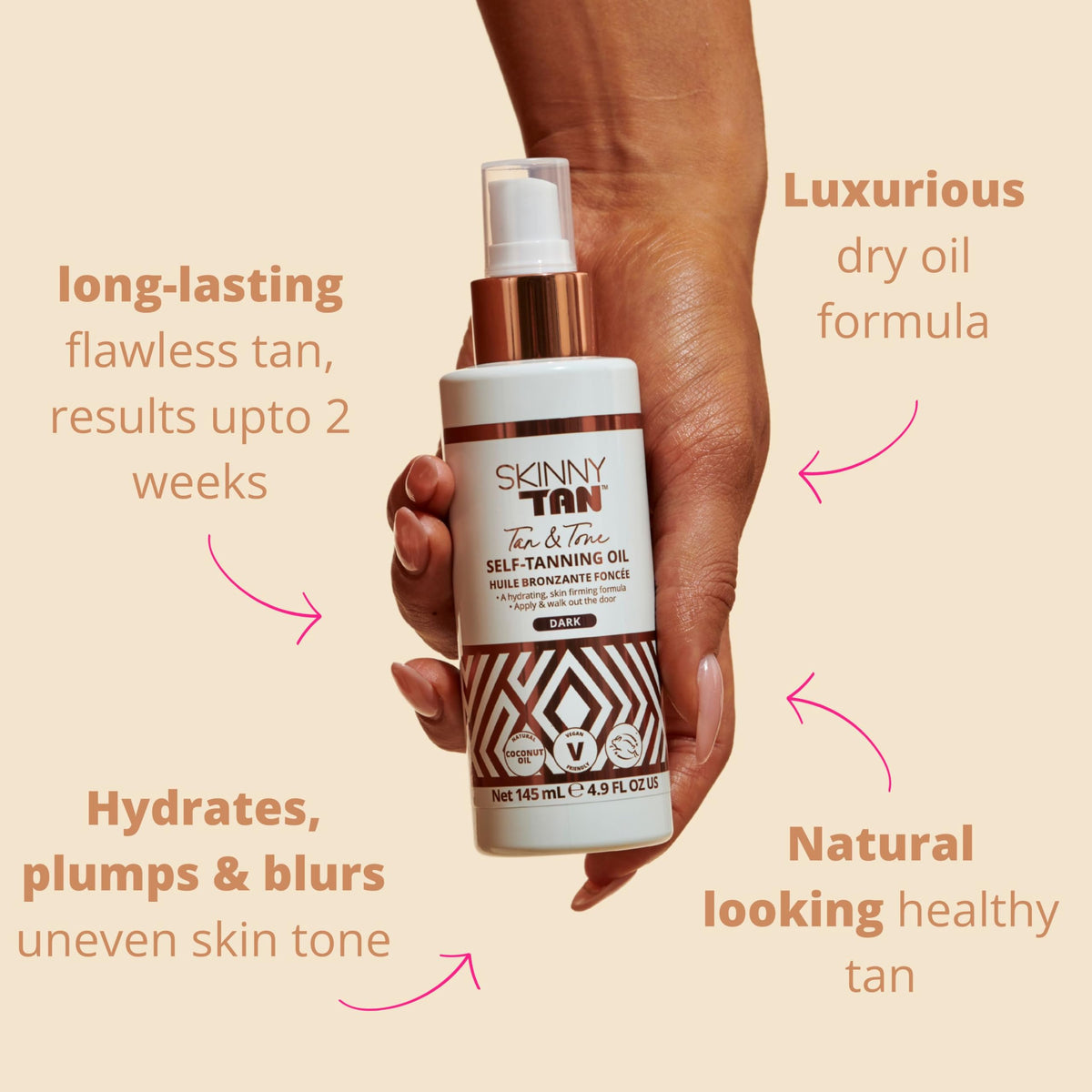 SKIN & TAN close-up oil droplet texture showing hydrating finish