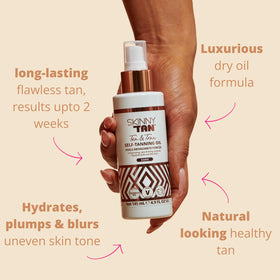 SKIN & TAN close-up oil droplet texture showing hydrating finish