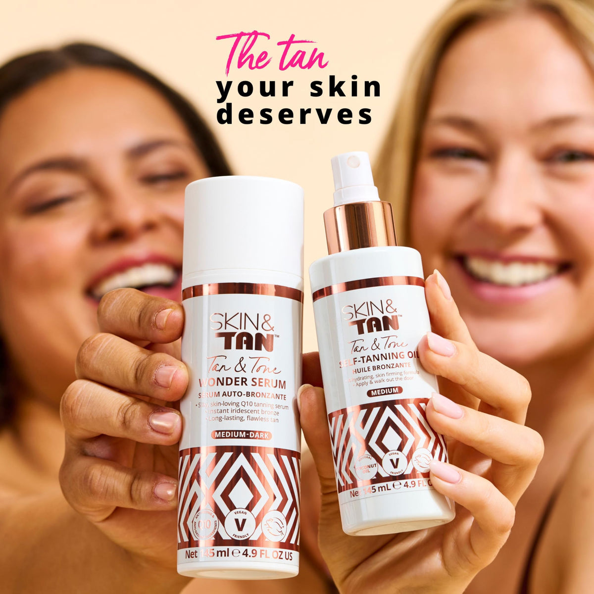 SKIN & TAN flatlay with ingredients showing nourishing formula benefit