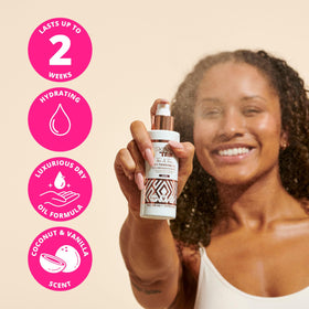 SKIN & TAN mist cloud from nozzle showing fine spray coverage benefit