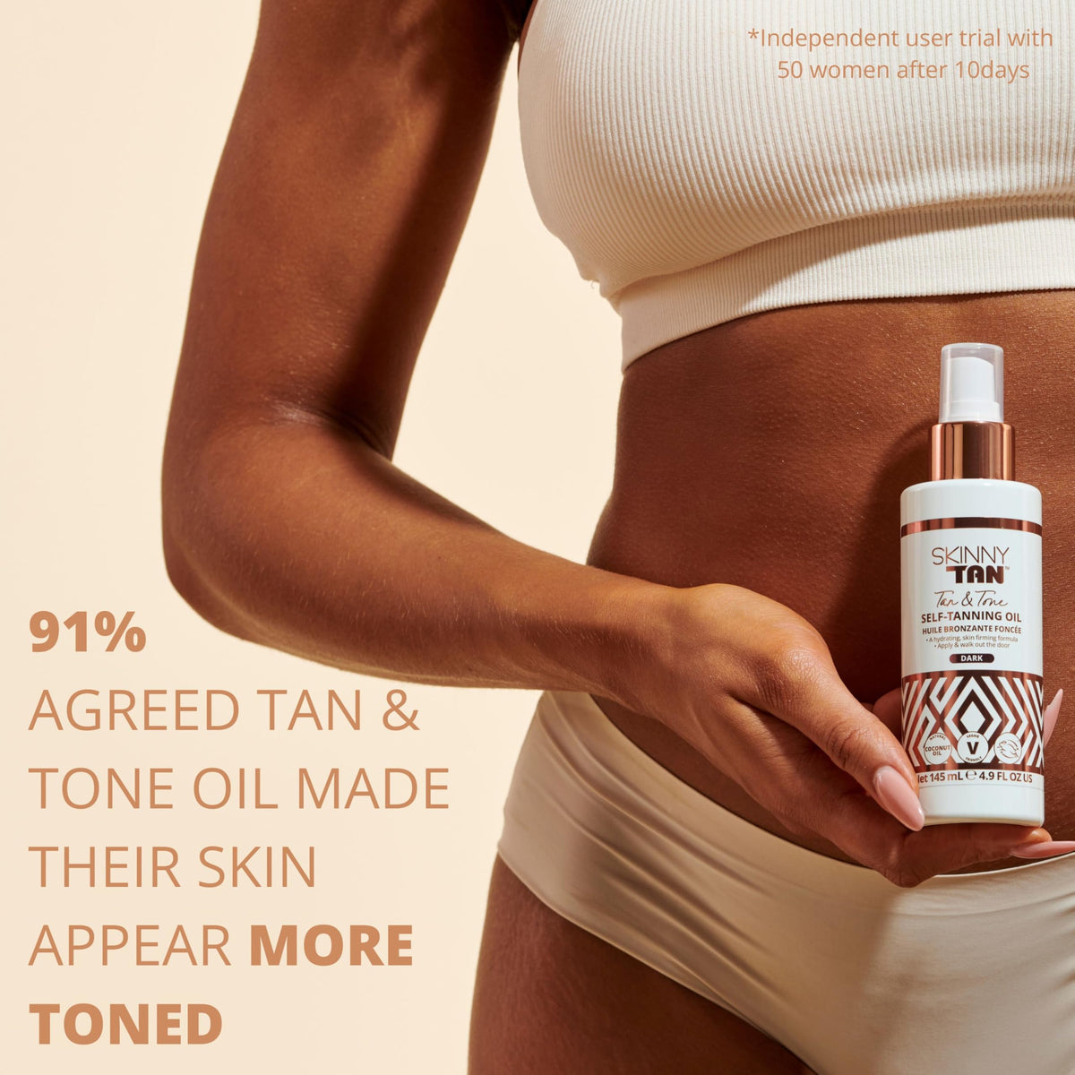 SKIN & TAN bottle next to hand showing 4.9 oz size and portability