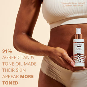 SKIN & TAN bottle next to hand showing 4.9 oz size and portability
