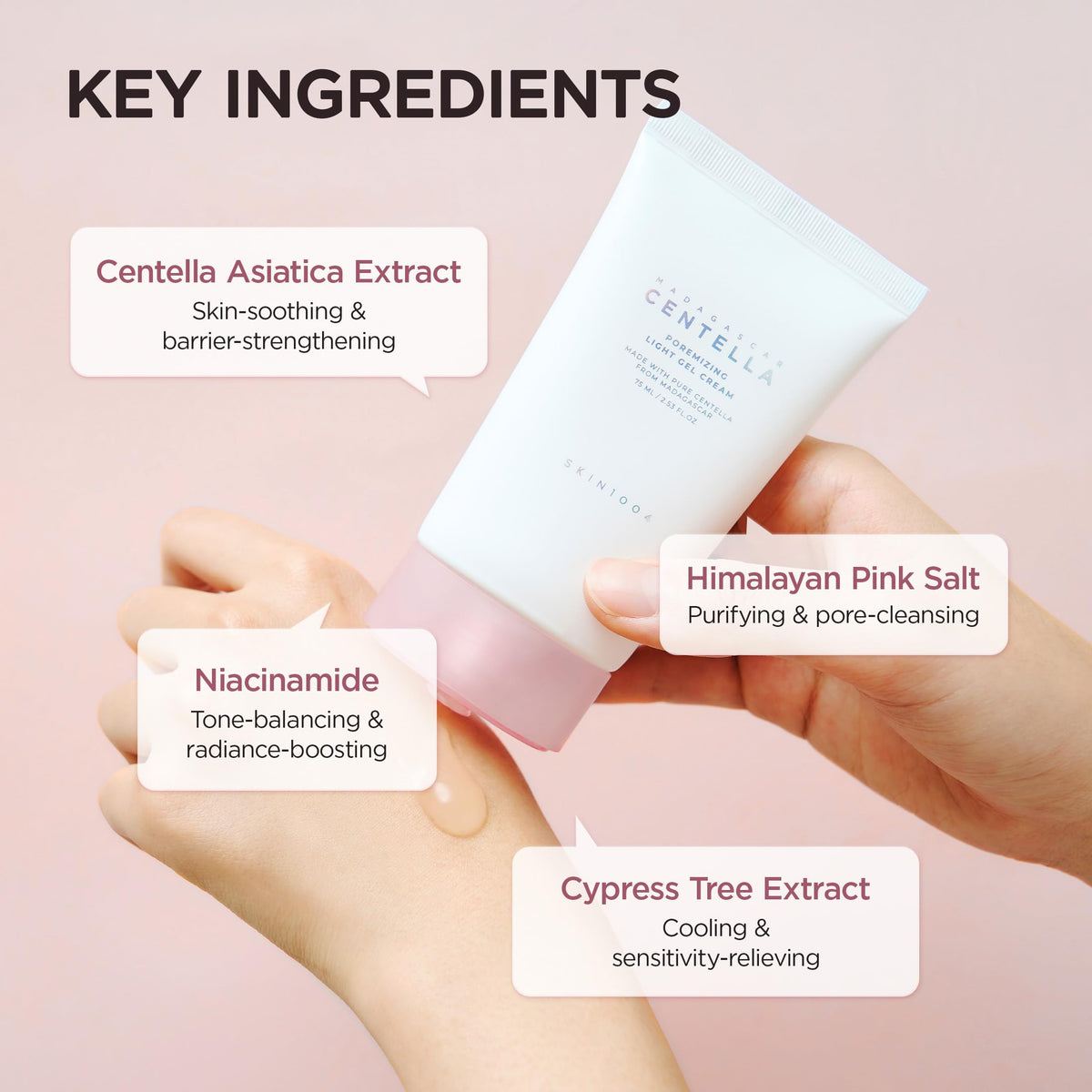 SKIN1004 applying gel cream to cheek demonstrating fast absorption benefit